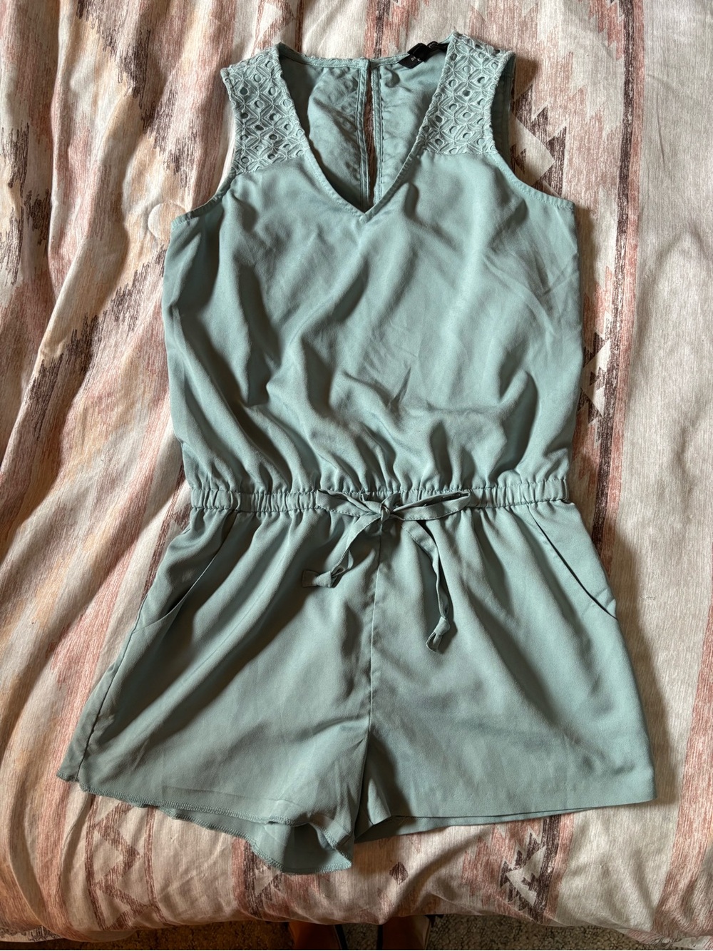 Banana Republic Sage Green Sleeveless Romper with Crochet Shoulders